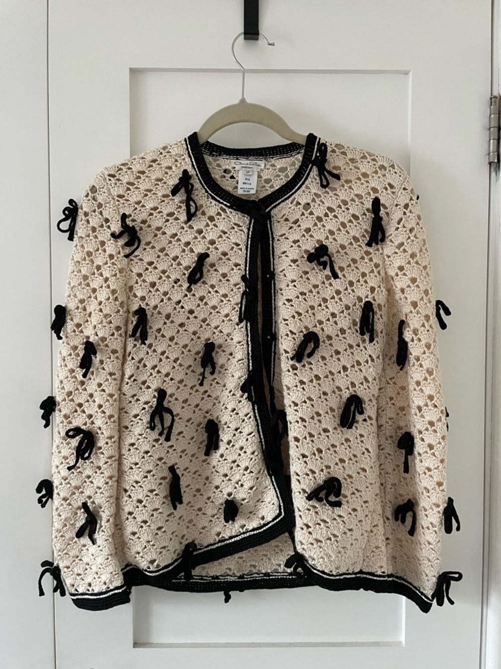 Oscar de la Renta Cream Crochet Cardigan with Black Trim and Bows
